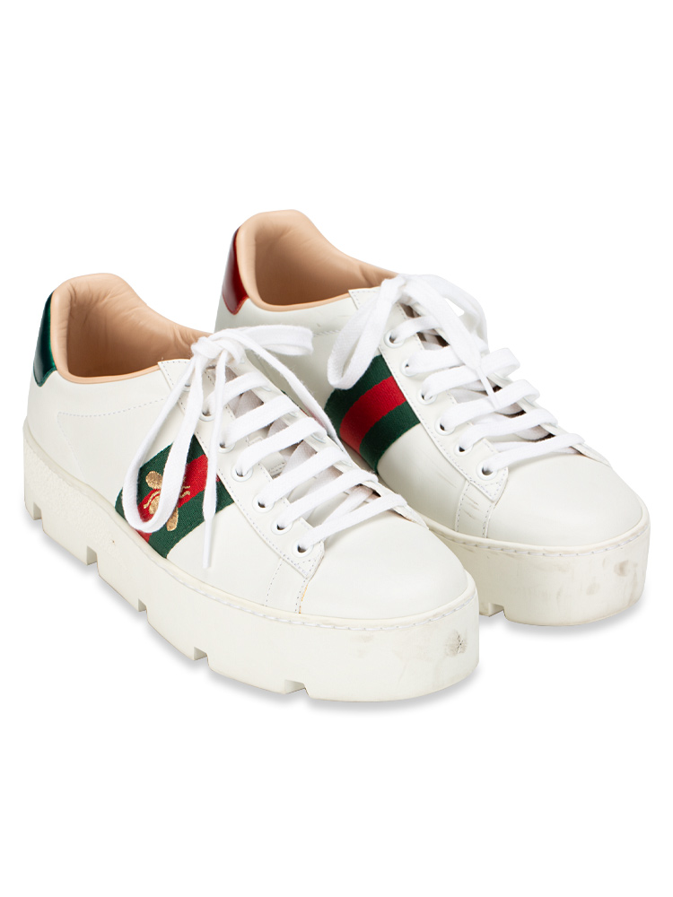 Calfskin Web Bee Embroidered Ace Platform Sneakers White Green Sz 37.5