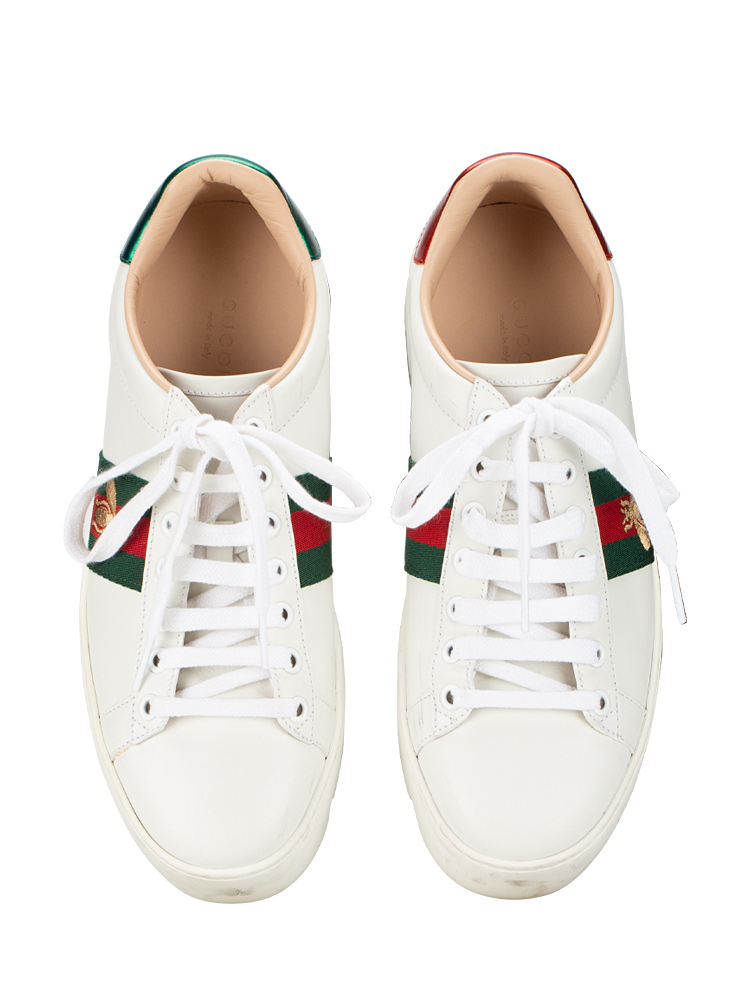 Calfskin Web Bee Embroidered Ace Platform Sneakers White Green Sz 37.5