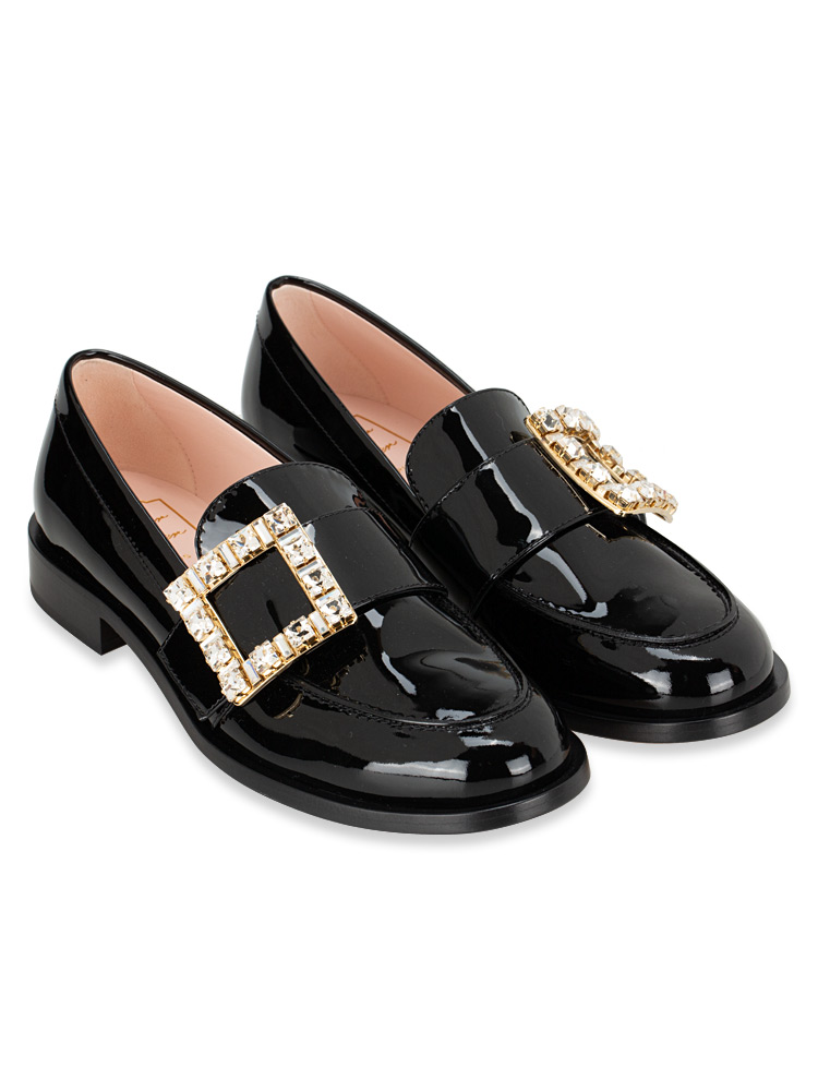 Patent Très Vivier Strass Buckle Loafers Black Sz 36