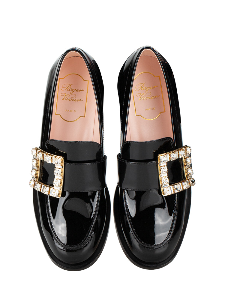 Patent Très Vivier Strass Buckle Loafers Black Sz 36