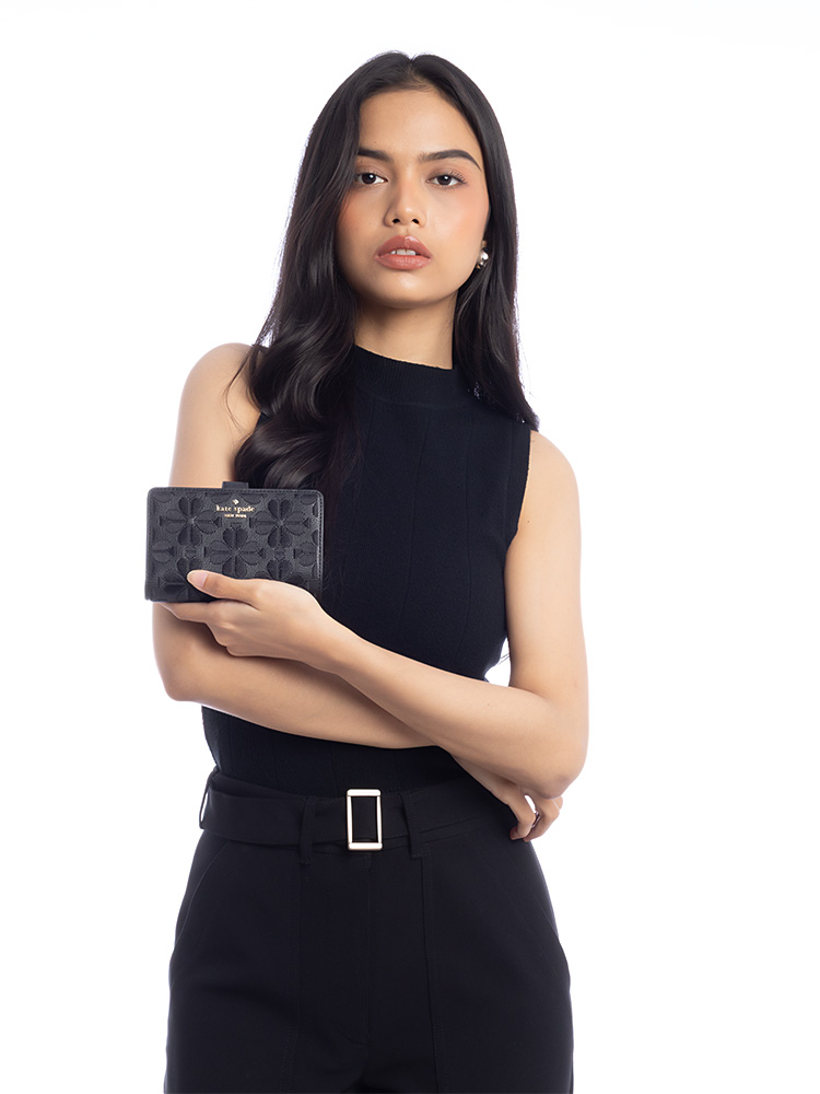 Flower Spade Embroidered Medium Bifold Wallet Black