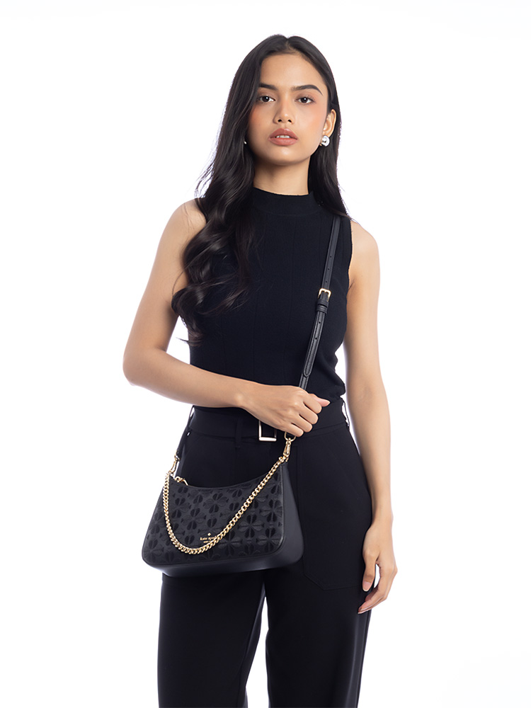 Flower Spade Embroidered Medium Crossbody Black
