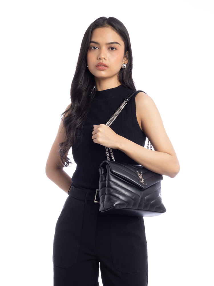 Calfskin Y Monogram Loulou Small Shoulder Bag Black