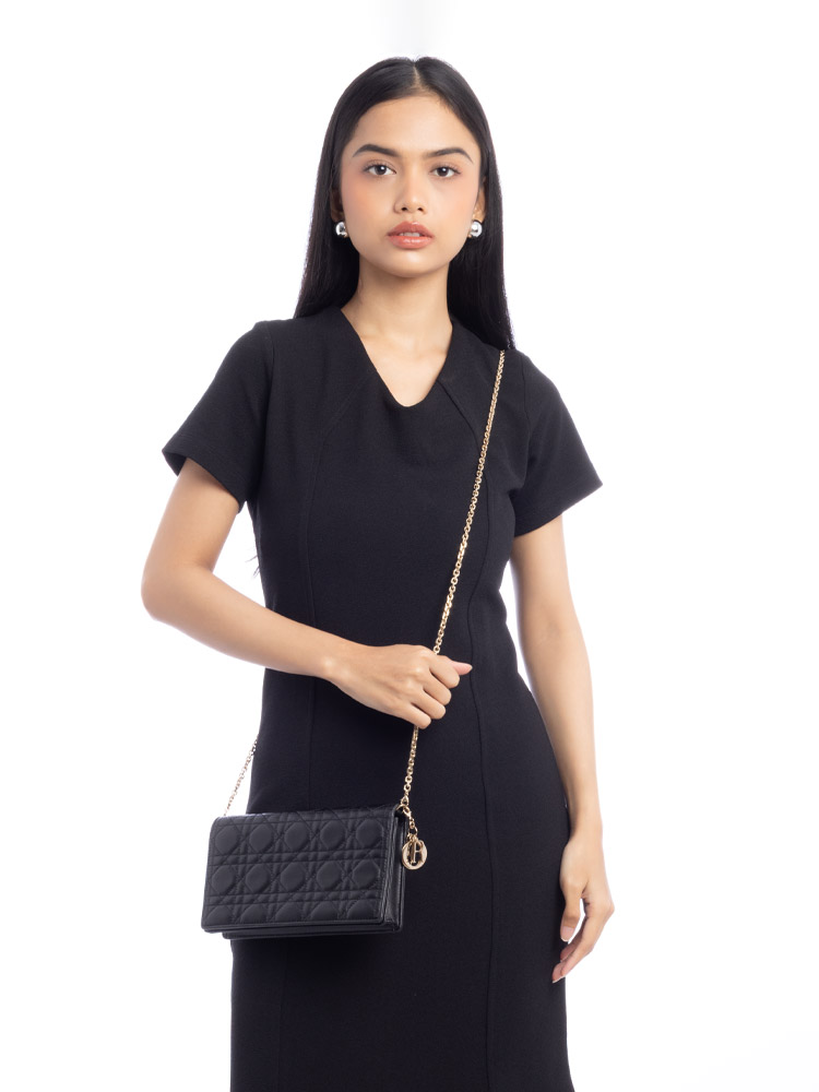 Lambskin Cannage Lady Dior Pouch with Chain Black