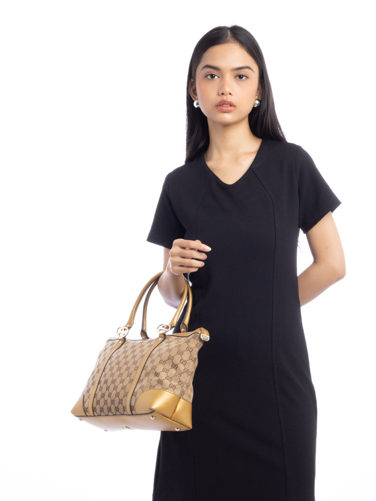 GG Canvas Lovely Heart Small Tote Beige Gold