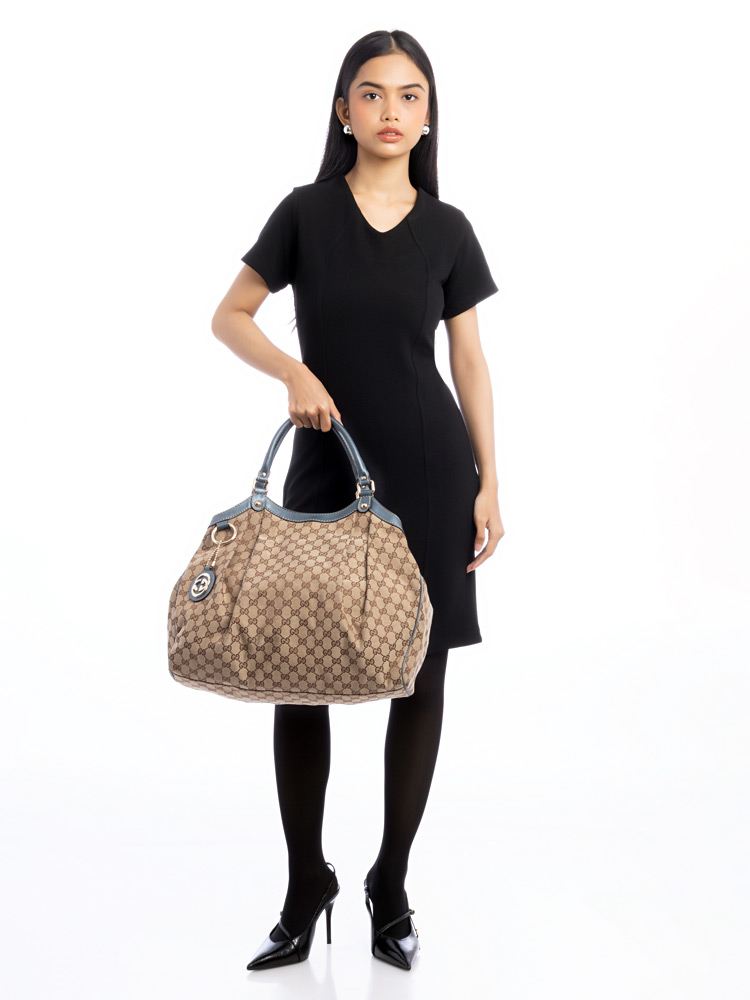 GG Canvas Sukey Large Tote Beige Blue Metallic