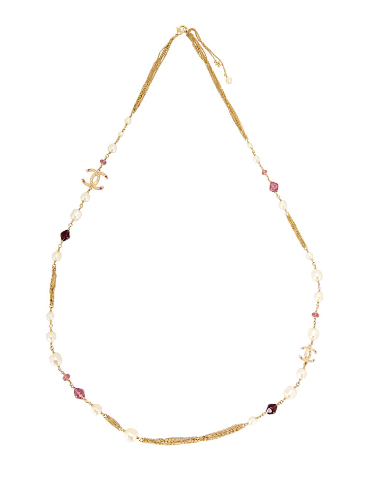 Crystal Pearl CC Sautoir Necklace Gold Purple