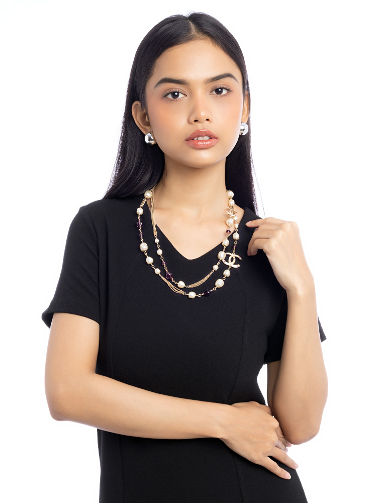 Crystal Pearl CC Sautoir Necklace Gold Purple