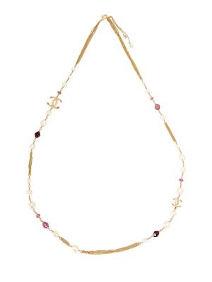 Crystal Pearl CC Sautoir Necklace Gold Purple