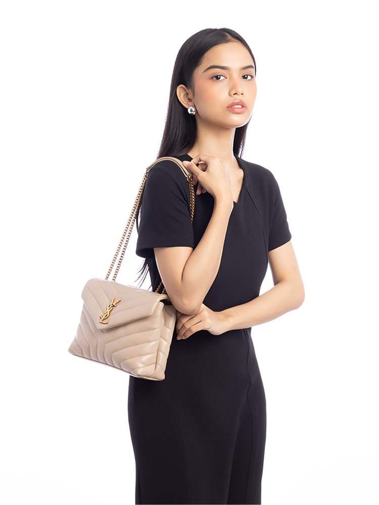 Calfskin Y Quilted Monogram Loulou Small Shoulder Bag Dark Beige