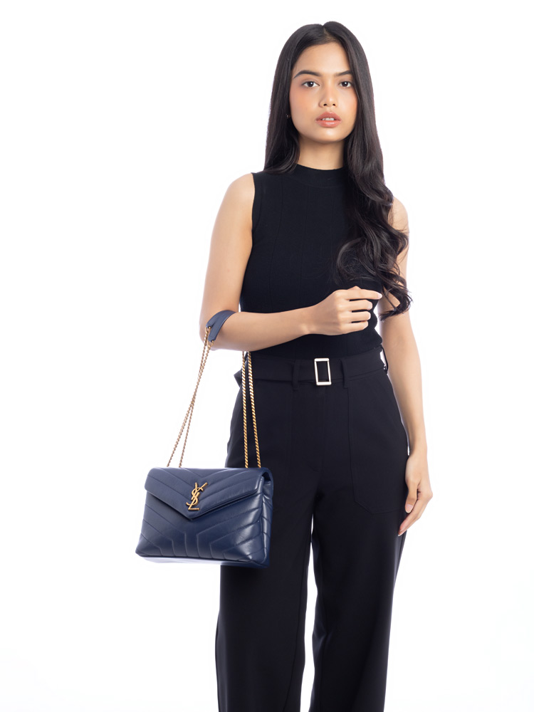 Calfskin Y Quilted Monogram Small Loulou Chain Satchel Blue Charron