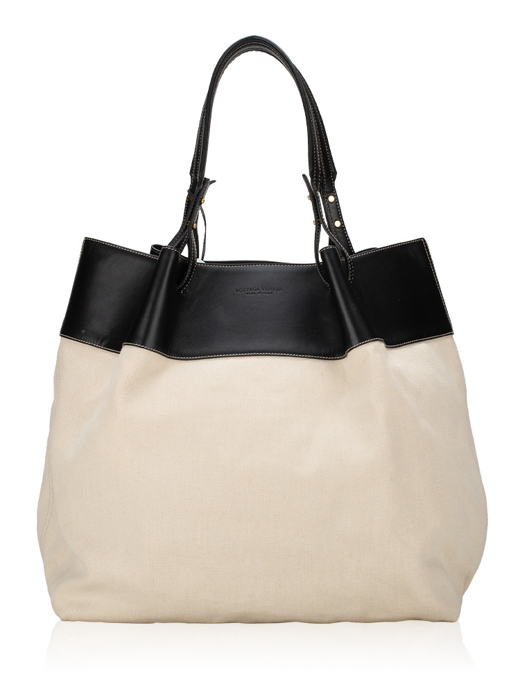 French Calfskin Linen Tote Black Naturale
