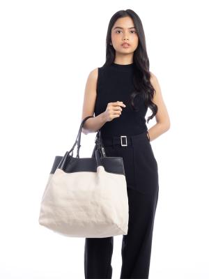 French Calfskin Linen Tote Black Naturale