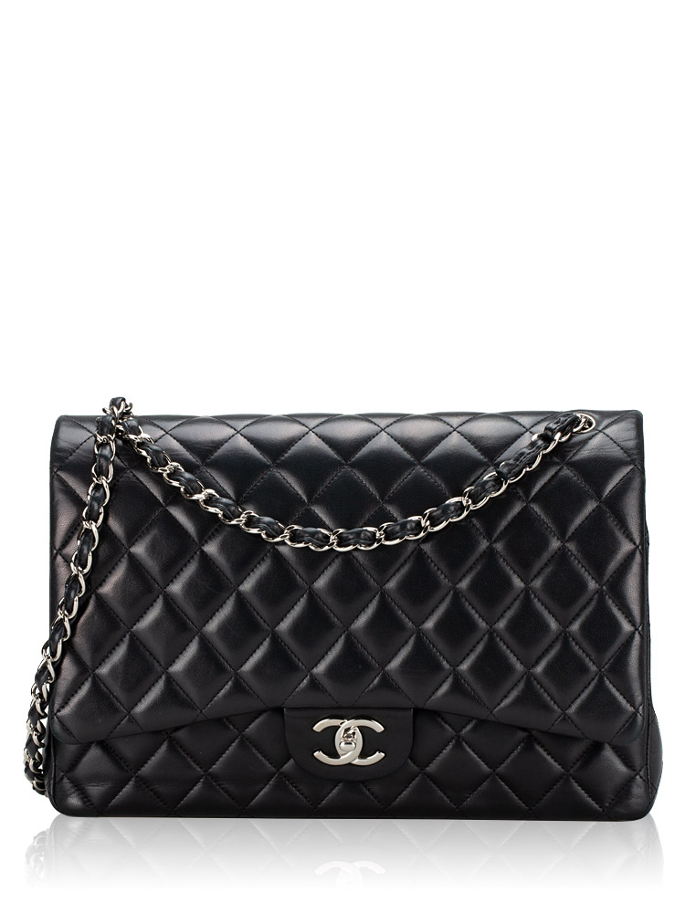 Lambskin Quilted Classic Maxi Double Flap Bag Black