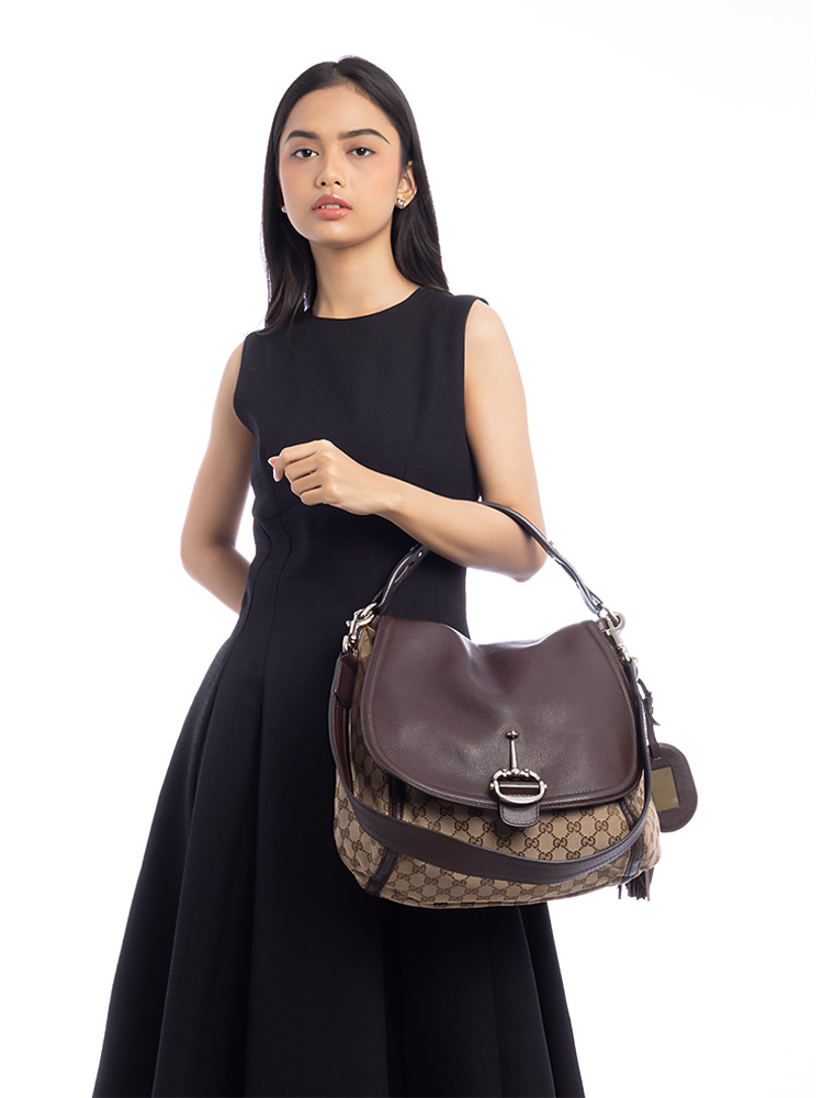 GG Canvas Techno Horsebit Large Shoulder Bag Brown