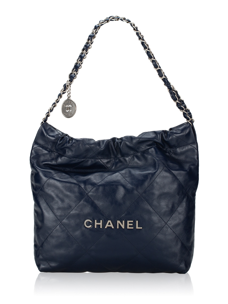 Shiny Calfskin Chanel 22 Small Handbag Navy Blue