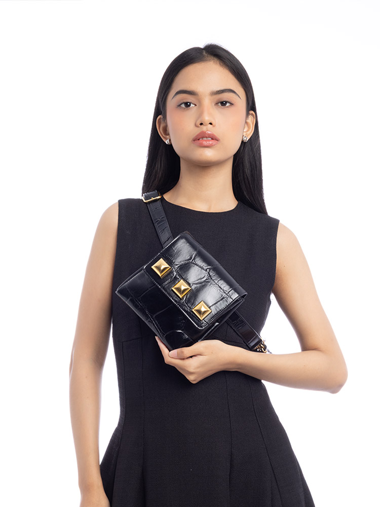 Croc Embossed Studded Belt Bag Black