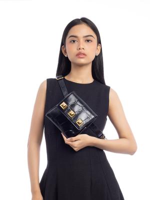 Croc Embossed Studded Belt Bag Black