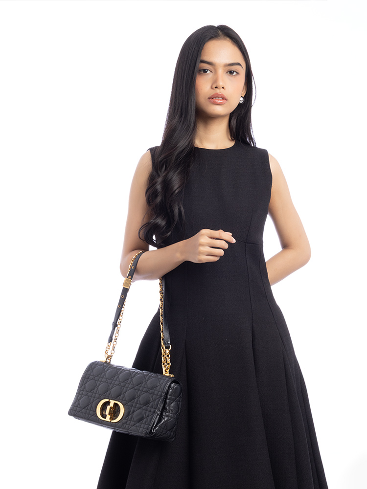 Supple Calfskin Cannage Caro Medium Shoulder Bag Black