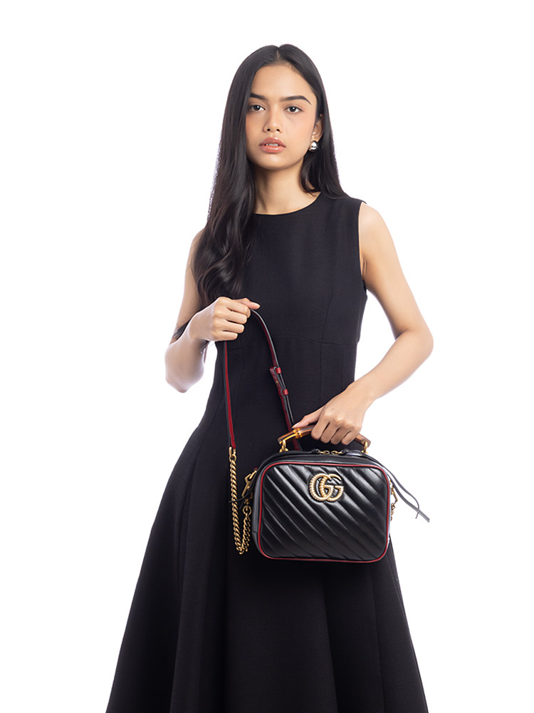 GG Marmont Matelasse Bamboo Top Handle Bag Black Romantic Cherry