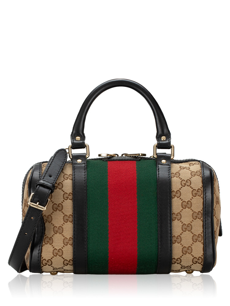 GG Canvas Vintage Web Small Boston Bag with Strap Black