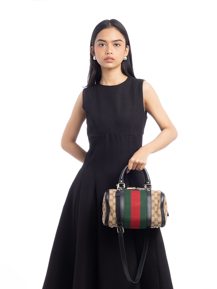 GG Canvas Vintage Web Small Boston Bag with Strap Black