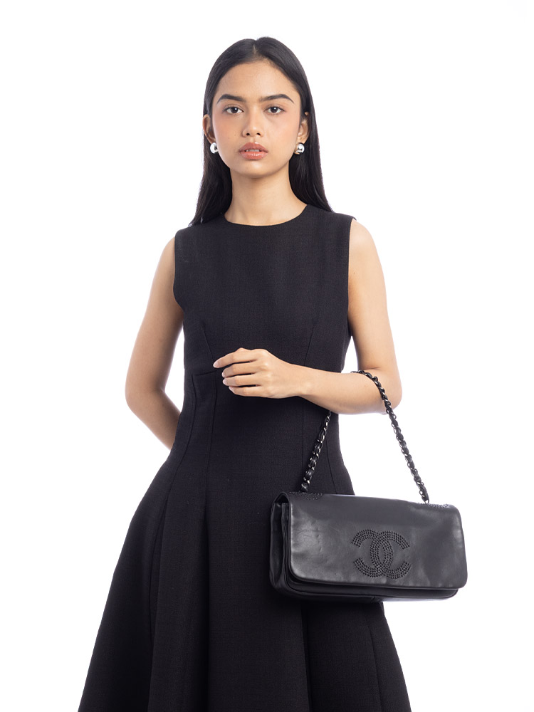 Lambskin Studded CC East West Flap Bag Black