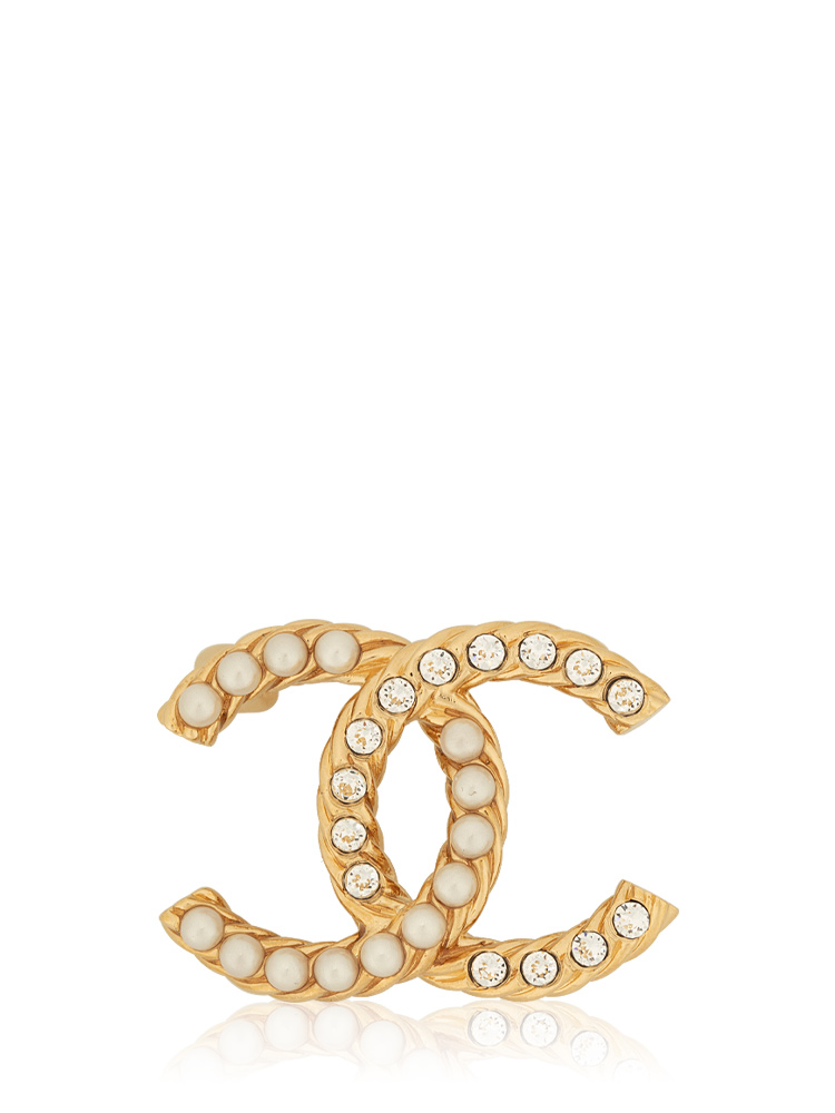 Rhinestone Pearl Coco Mark Brooch Gold