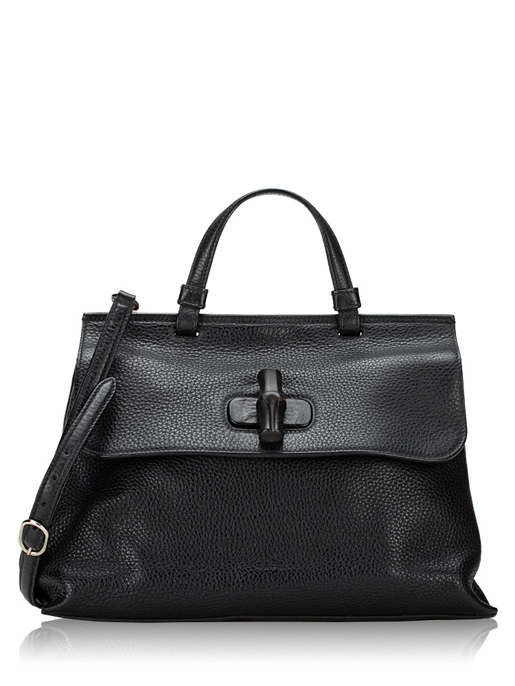 Pebbled Calfskin Bamboo Daily Medium Top Handle Bag Black