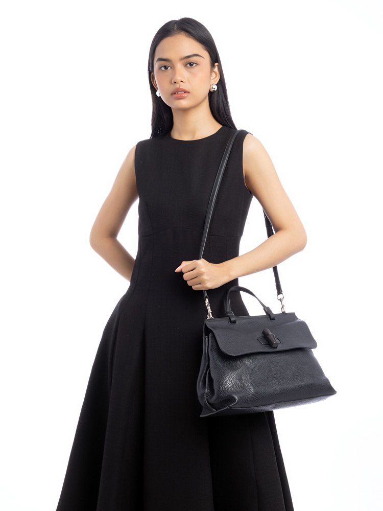 Pebbled Calfskin Bamboo Daily Medium Top Handle Bag Black