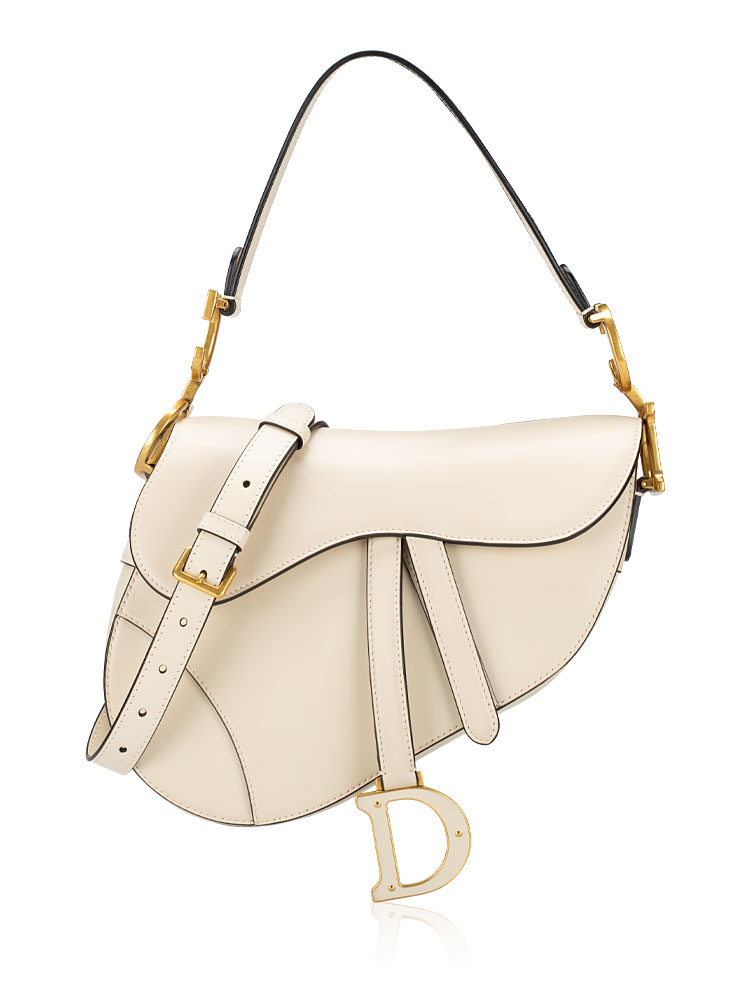 Smooth Calfskin Saddle Bag with Strap Dusty Ivory