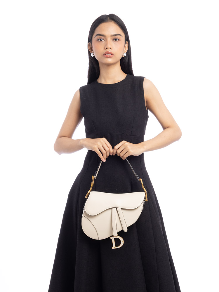 Smooth Calfskin Saddle Bag with Strap Dusty Ivory