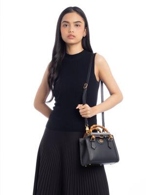 Calfskin Web Diana Bamboo Small Top Handle Tote Black