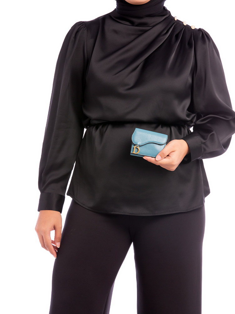 Goatskin Saddle Lotus Compact Wallet Blue