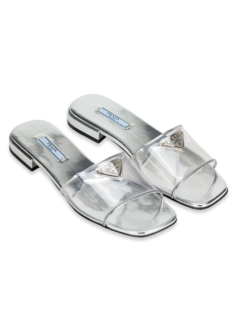 Plexiglass Metallic Triangle Logo Slide Sandals Argento Sz 38