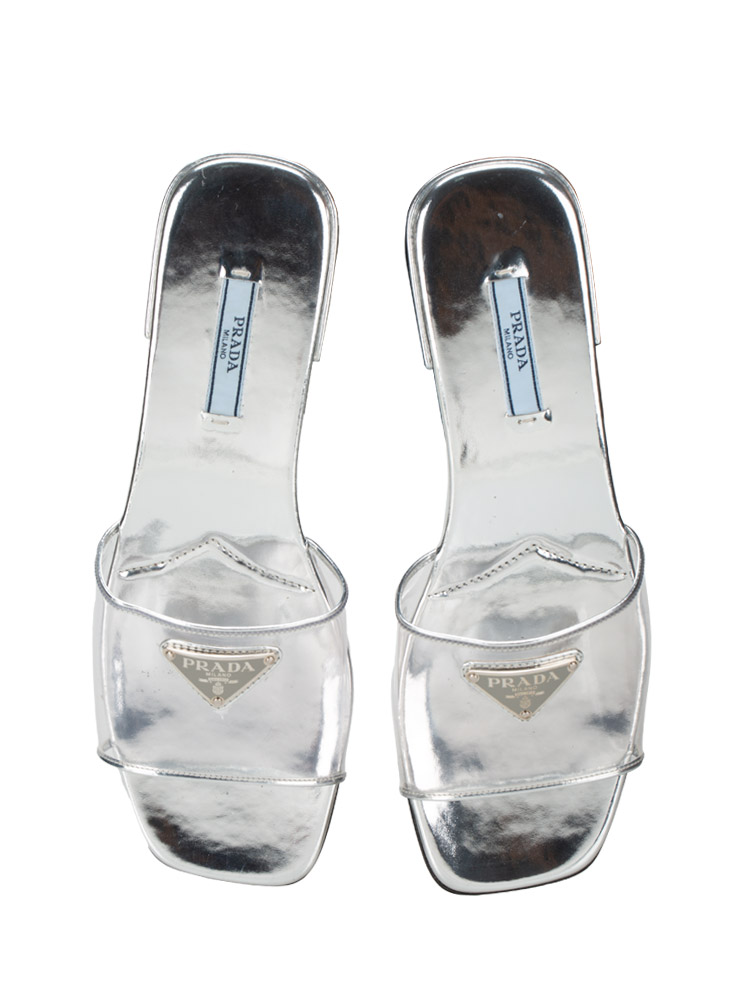 Plexiglass Metallic Triangle Logo Slide Sandals Argento Sz 38