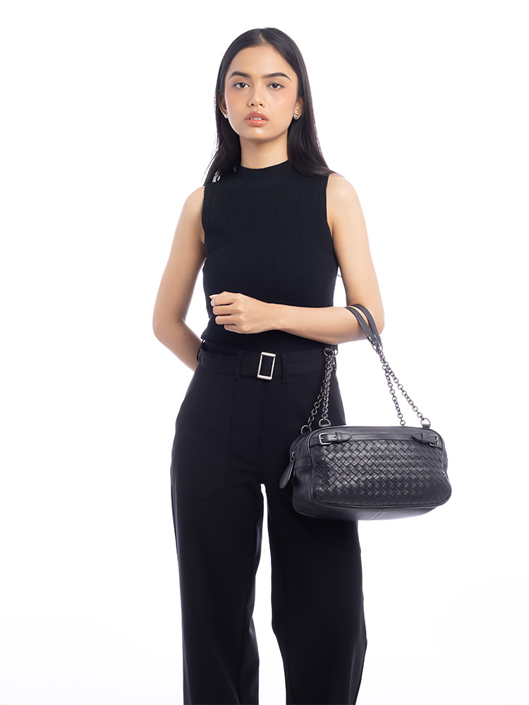 Nappa Intrecciato Double Chain Shoulder Bag Dark Blue