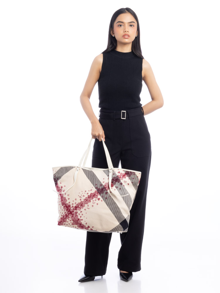 Canvas Check Confetti Hearts Large Tote White Multicolor