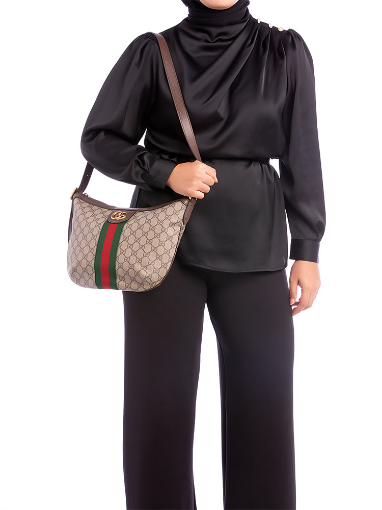 GG Supreme Web Ophidia Half Moon Small Hobo Brown