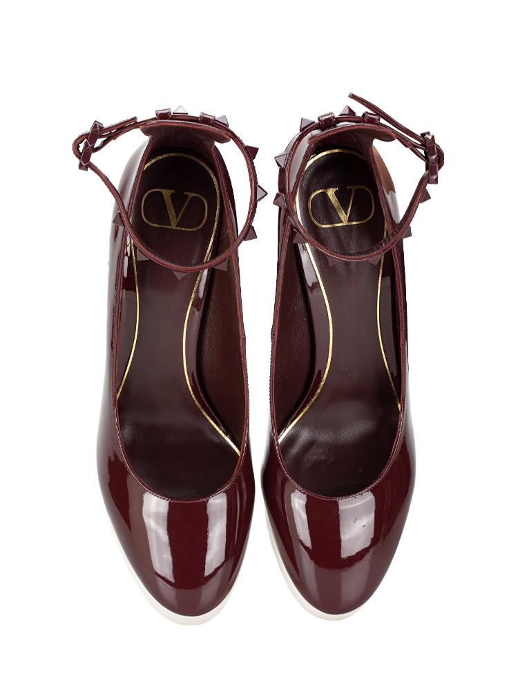 Patent Rockstud Ankle Strap Wedge Sandals Burgundy Sz 38