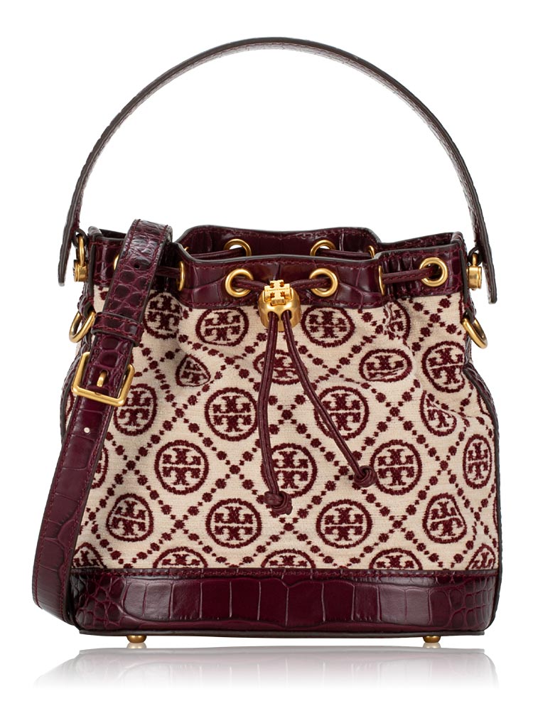 T Monogram Chenille Bucket Bag Claret New Cream