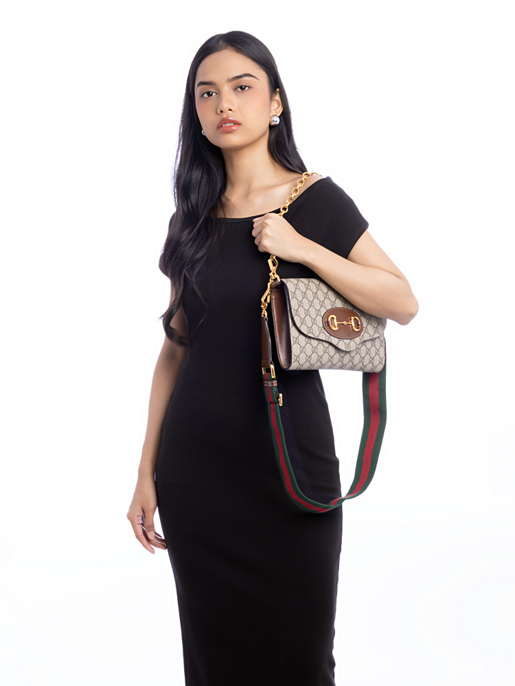 GG Supreme Web Horsebit 1955 Small Convertible Bag Beige Ebony