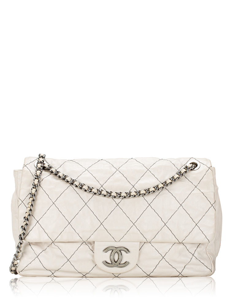 Glazed Goatskin Double Stitch Flap Bag White