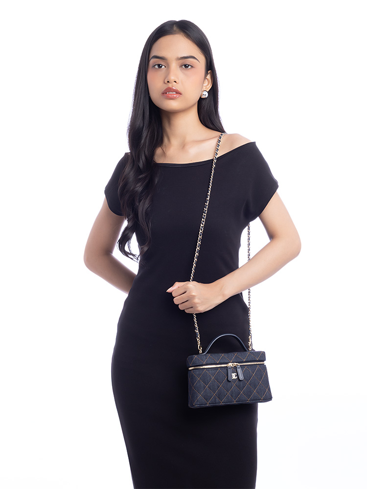 Denim Top Handle Classic Vanity With Chain Dark Blue Orange