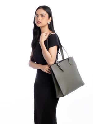 Calfskin Buckle Horizontal Tote Khaki Green