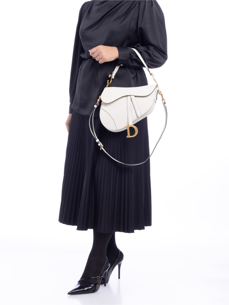 Grained Calfskin Medium Saddle Bag with Strap Latte