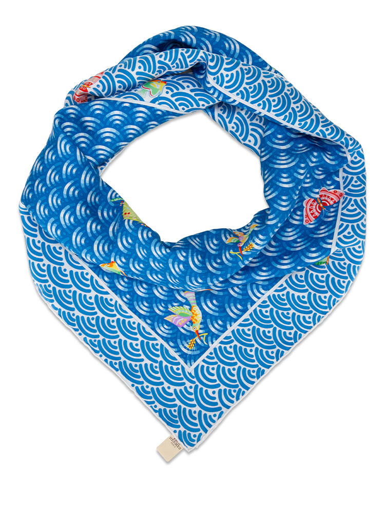 Bateau Fleuri 90 Silk Scarf Bleu Vert Jaune