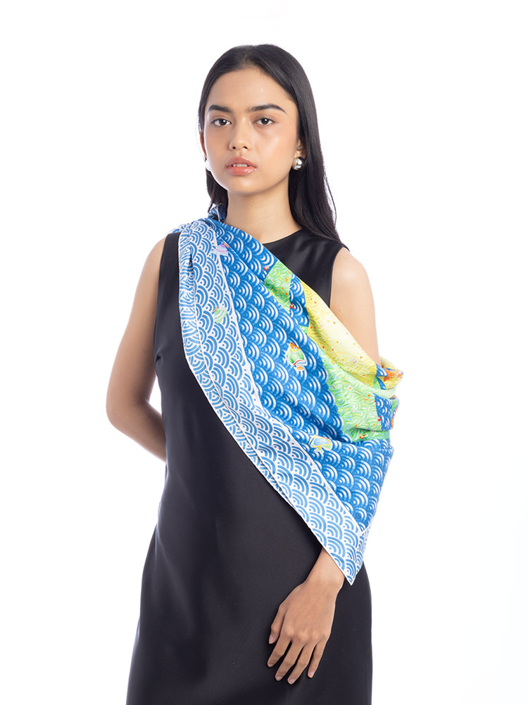 Bateau Fleuri 90 Silk Scarf Bleu Vert Jaune