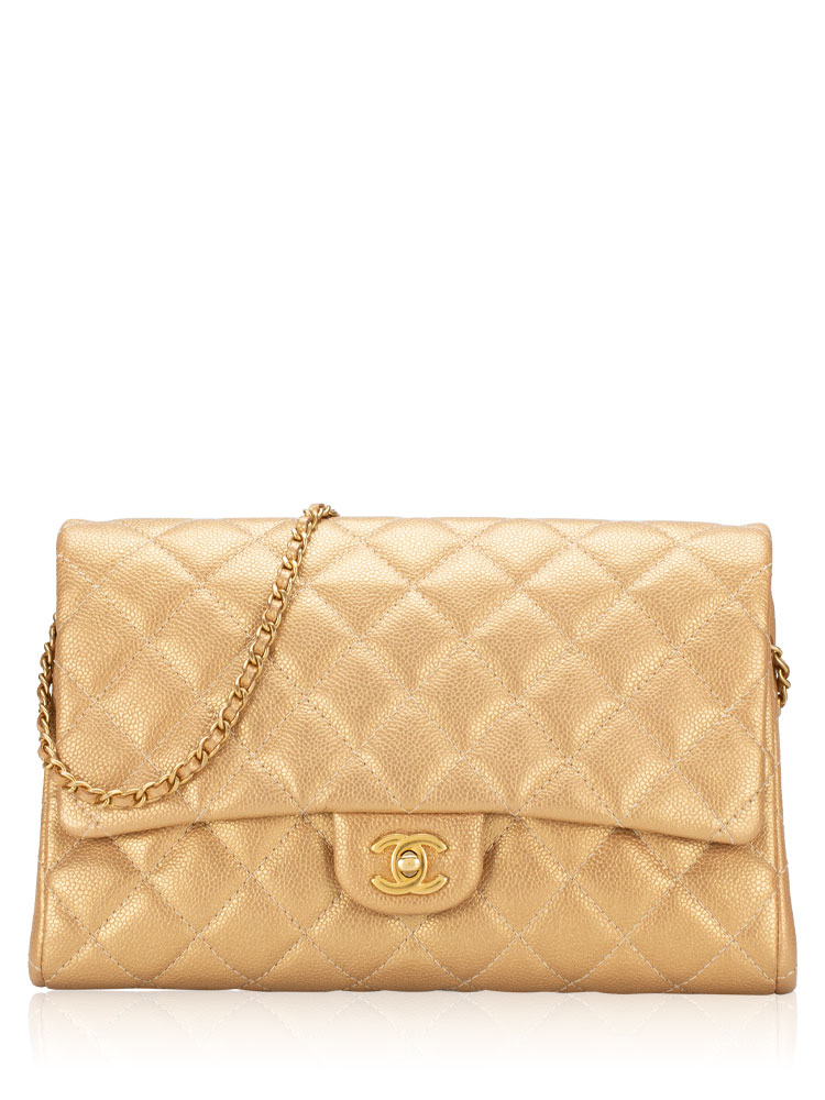 Metallic Caviar Clutch with Chain Gold