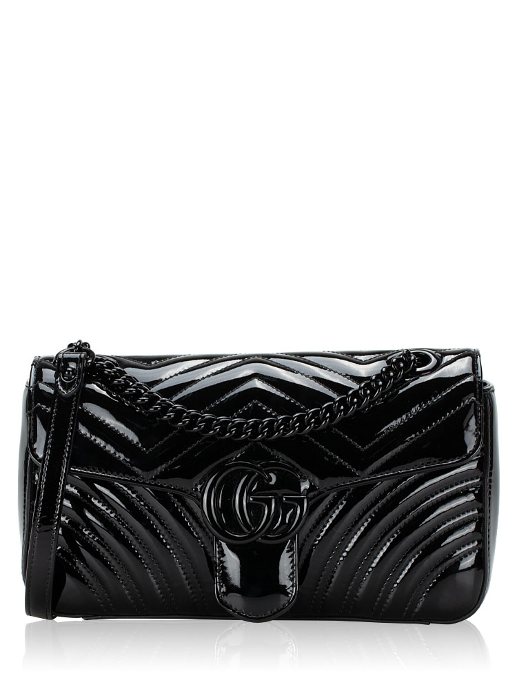 Patent Lambskin GG Marmont Matelasse Small Flap Shoulder Bag Black